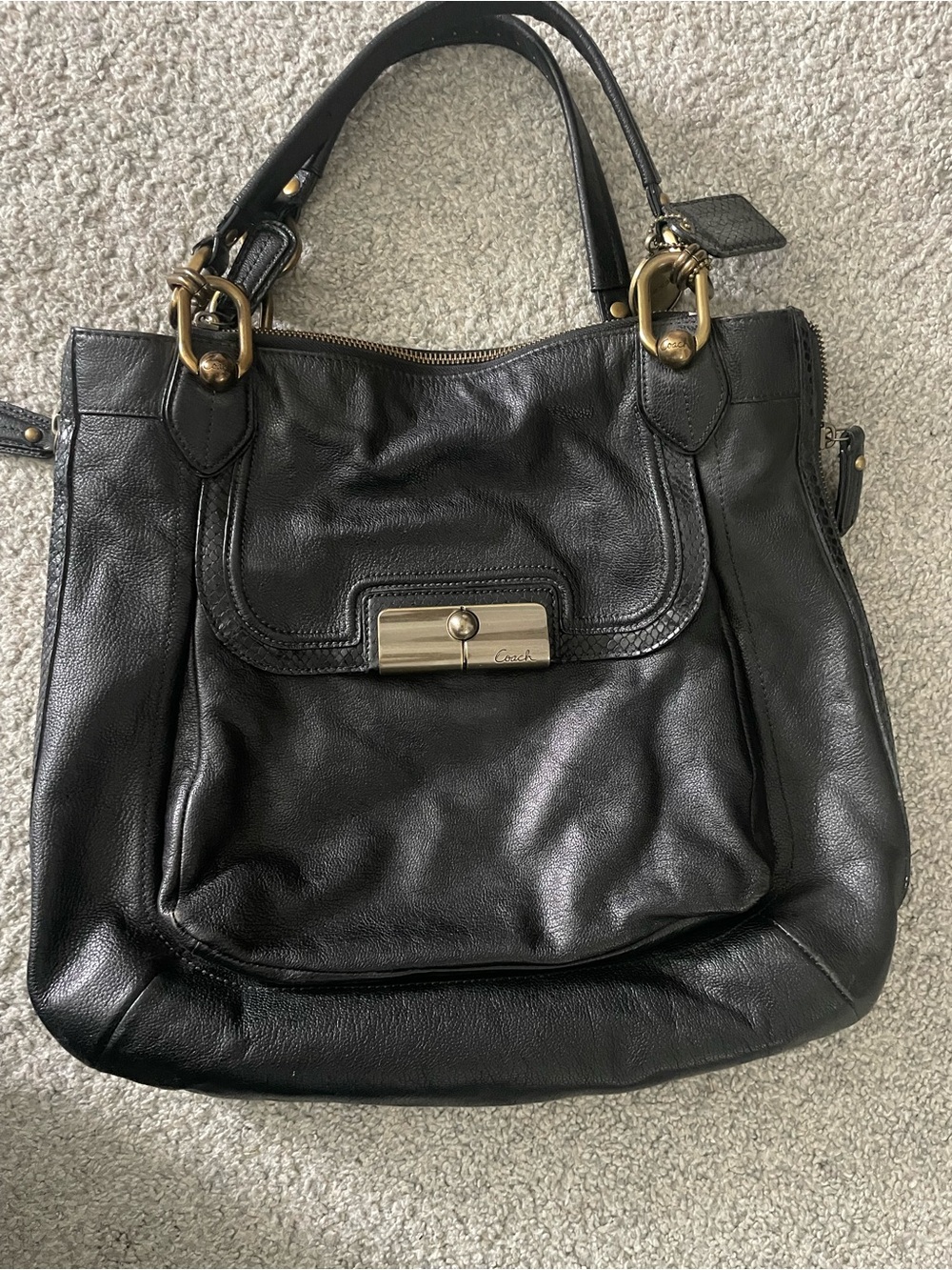 Coach Kristin Elevated Black Leather Large Zip Tote Bag